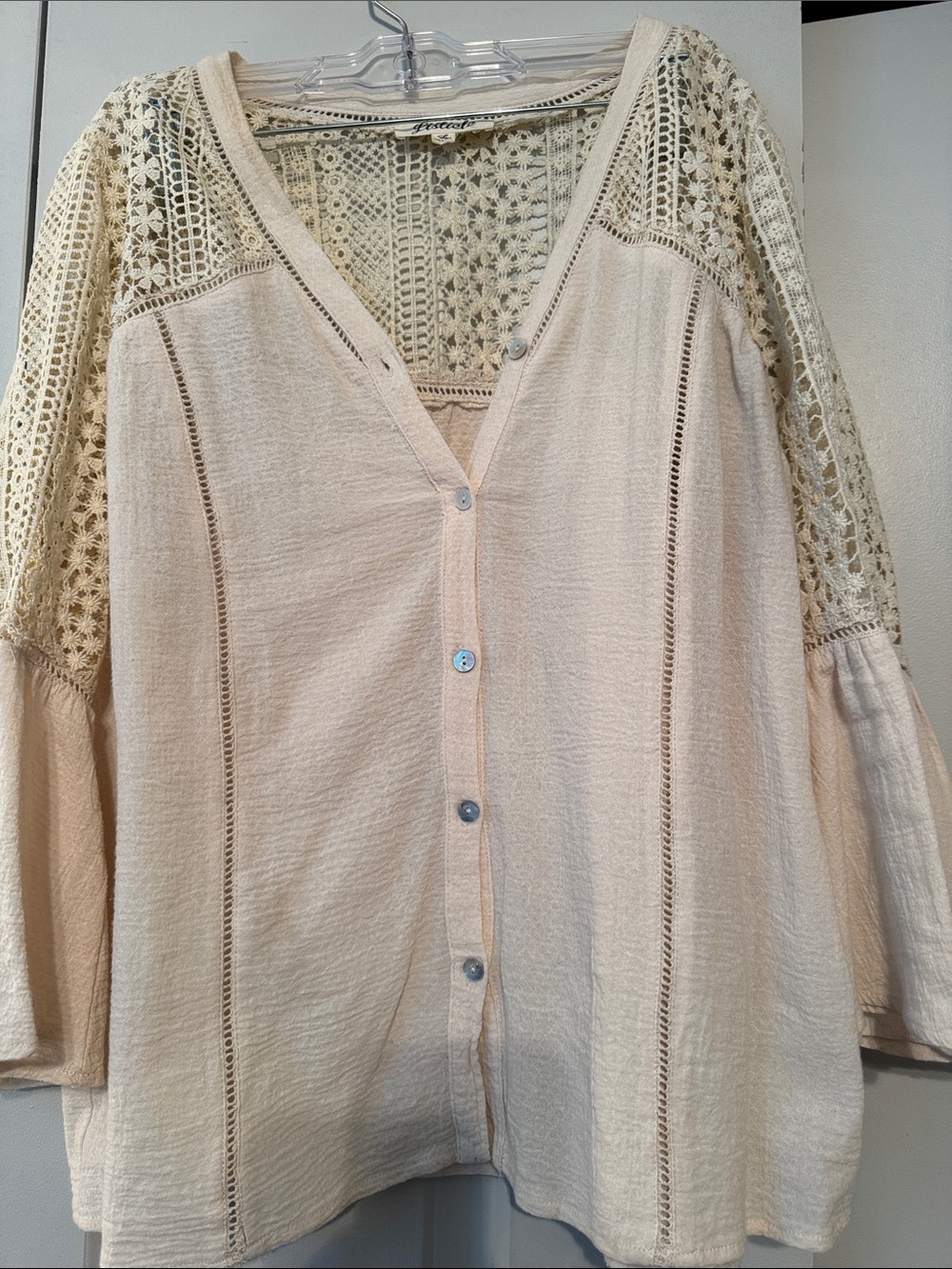 Listicle Cream  Button Down Top with Crocheted Yoke and Sleeves